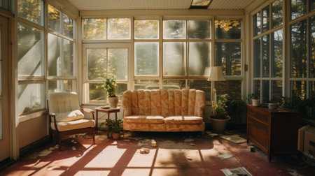 an old home with an outdated wooden seating area is illuminated by sunlight, creating a poetic pastoral scene. the style of the photo resembles fujifilm superia, with light pink and amber tones. the eroded interiors and midcentury modern elements add to the emotionally complex atmosphere. detailed foliage enhances the overall composition. ai generatedの素材