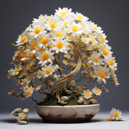 a bonsai tree inspired by daffodils is elegantly displayed on a gray surface, reminiscent of the artistic style of mike campau. the intricate floral arrangements, reminiscent of miki asai's paper sculptures, beautifully combine elements of white and gold, evoking a traditional vietnamese aesthetic. ai generatedの素材