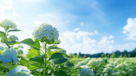 white flowers bloom under a clear blue sky on a sunshiny day, creating a vibrant contrast. the light navy and green hues add a touch of environmental activism to the scene captured by he jiaying using a nikon d850. this depiction of rural life showcases organic materials in a captivating way. ai generatedの素材