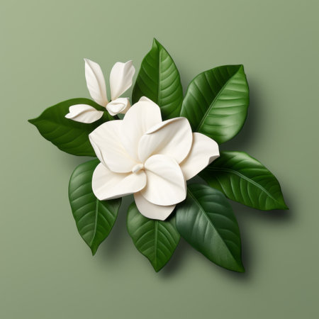 green magnolia flower on a green background vector illustration, realistic still life style, dark beige and white, symmetrical arrangement, realistic light and color usage. ai generatedの素材