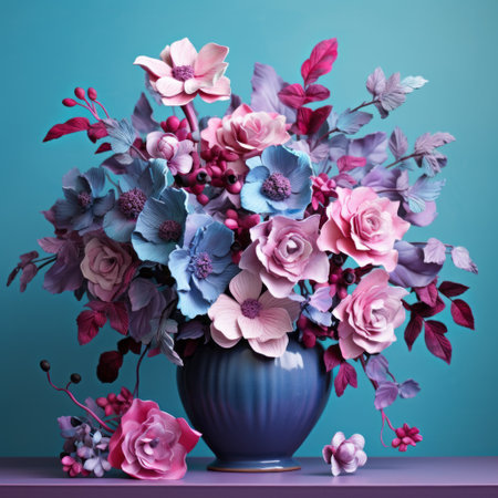 decorative vase with flowers in a blue glass vase on a blue background. the still life is rendered in cinema4d, showcasing a detailed and colorful arrangement. the style of the composition features light magenta and dark aquamarine tones, with delicate paper cutouts adding texture to the overall design. this floral explosion creates a visually stunning and texture-rich composition. ai generatedの素材
