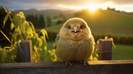 cylinder bird hd wallpaper featuring a lively rural life scene with golden light. this photo-realistic composition captures the cute and dreamy facial expressions of the bird. download this full hd wallpaper for free and enjoy the high-quality details captured by the canon eos 5d mark iv and olympus m.zuiko digital ed 12-40mm f/2.8 pro lens. ai generatedの素材