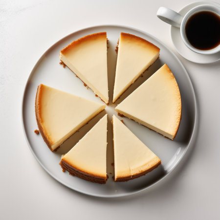 cheesecake squares, arranged in circular shapes, are captured in this realistic still life photograph. the dramatic lighting enhances the fine lines and delicate curves of the dessert. shot with a c-mount lens, the image features a high-keyed palette and bold, black lines, resulting in a crisp and clean look. ai generatedの素材