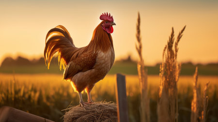 a chicken perched on a wooden structure at sunset, showcasing a captivating blend of light gold and red hues. this image captures the essence of dutch and flemish art, reminiscent of the farm security administration photography and national geographic's iconic style. the chicken's relatable personality shines through, while the feathers create a unique sumatraism aesthetic. ai generatedの素材