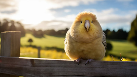 a bird perched on a fence, basking in the warm sunlight of a beautiful day. the photo captures the essence of maori art with its dark yellow and light pink hues, reminiscent of soft-focus portraits. the technique of focus stacking brings out the intricate details of the bird, while the pigeoncore aesthetic adds a unique touch. inspired by the works of george stubbs, the colorsの素材
