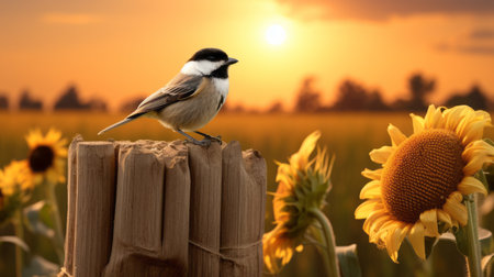 chickadee perched on a wooden fence in a sunflower garden. this high-definition photo captures the beauty of nature with a color palette inspired by light beige and dark amber tones. the richly colored skies add depth to the composition. taken by john wilhelm using a minolta riva mini camera, this image showcases sustainable design and offers a subtle critique of consumer culture through its synthetism-inspiredの素材