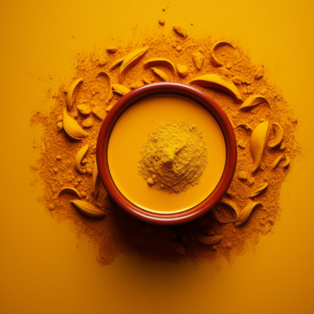 turmeric powder in a clay bowl on an orange background, showcasing a manipulated photography style by alasdair mclellan. the aerial view, lensbaby optics, and mars ravelo's innovative composition create a unique visual experience. the combination of light yellow and maroon hues adds depth and vibrancy to the image. ai generatedの素材