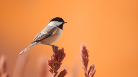 the young chicago chickadee is a beautiful brown bird with a slender yellow bill. this photo, inspired by matthias jung's style, showcases the bird in a soft-focus technique with light orange and light crimson tones. the minimalist background and sterling silver highlights add a touch of elegance. captured on flickr, the image has a pseudo-infrared effect. ai generatedの素材