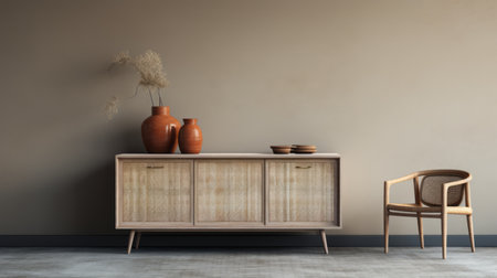 a photo of a credenza 2 pack featuring a sl wicker dining chair in beijing east village. the image showcases the realistic and hyper-detailed rendering of the chair, highlighting its naturalistic textures. the use of common materials and the incorporation of caffenol developing technique adds a high-quality touch to the overall aesthetic. ai generatedの素材