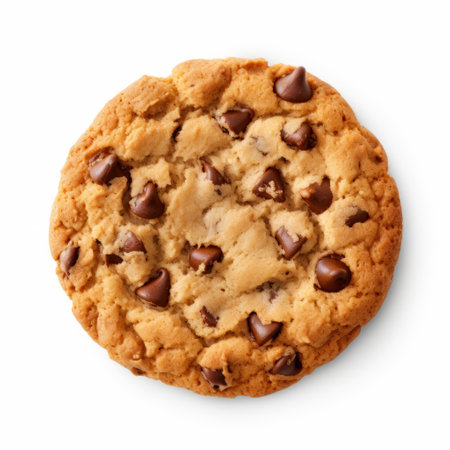 a chocolate chip cookie is showcased on a white background, resembling the style of nyc explosion coverage. the image features elements like jcore, vfxfriday, heavy shading, precisionist lines, aurorapunk, and is presented in 32k uhd resolution. ai generatedの素材