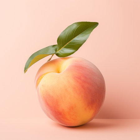 a ripe peach sits on a peach colored background, showcasing vibrant colors and a dynamic composition. the photo is rendered in the style of vray, with advertising-inspired elements and soft focal points. the use of zbrush adds depth and detail to the peach's texture. the overall aesthetic is influenced by felinecore, with velvia enhancing the vividness of the image. ai generatedの素材