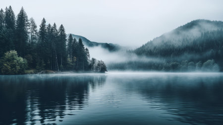 a foggy lake nestled amidst a mountainous backdrop creates a serene and introspective aesthetic. the dark, white, and teal tones add to the atmospheric woodland imagery. captured with a canon eos 5d mark iv, this photo showcases nature-inspired installations and nature-based patterns, evoking a sense of tranquility. the serene faces of the surroundings further enhance the calming ambiance. ai generatedの素材