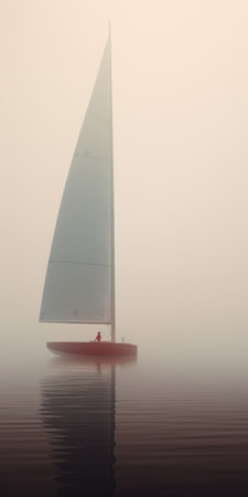 minimalist interior design of a small yacht immersed in a vast foggy delta. a mysterious figure emerges in the distance, blowing a foghorn. the close-up shot captures the deep depth of field, adding an otherworldly ambiance to the scene. ai generatedの素材