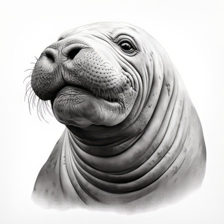 the close-up photo captures the mouth of a seal with realistic and detailed rendering. the monochrome portrait showcases graceful curves and is enhanced with post-processing techniques. the varied brushwork techniques add depth to the image, with light gray and light crimson tones creating a captivating effect. this photo is ideal for editorial illustrations. ai generatedの素材