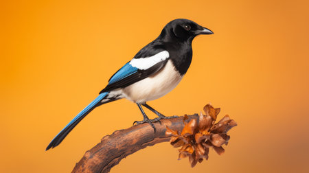 a black and white bird, with bold color field and minimal retouching, perched on a tree branch. the cyan and amber style adds a pop-culture-infused touch to this crisp image, showcasing the characteristic features of blue and black animals. ai generatedの素材