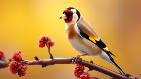 a bird perched on a branch amidst blooming flowers, showcasing a pop art consumer culture aesthetic. the photo captures the contrast-focused elements of light yellow and light amber, with hints of light gold and light crimson. the image is eye-catching, with a gritty and grainy texture, portraying a bold yet graceful composition. ai generatedの素材