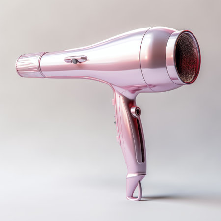a pink hair dryer with a blue handle, featuring a balanced design and shimmering metallics. this vray-traced image showcases the hair dryer's organic sculpting and light maroon and white color scheme. the sepia tone adds a touch of vintage elegance to this stylish and functional beauty tool. ai generatedの素材