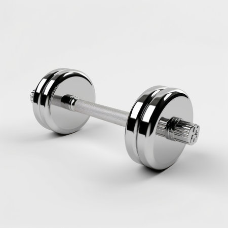 a photo of chrome-plated weights placed on a white background. this 3d image showcases meticulous photorealistic still life style with precise details. the rendering is realistic, featuring a simplistic and clean design. the weights are highlighted with a rim light, adding depth to the composition. ai generatedの素材