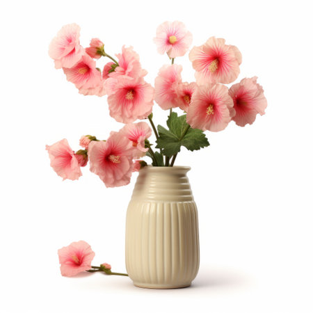 pink flowers in a plastic vase with green leaves, showcasing classic japanese simplicity. this stunning photograph by john wilhelm captures the delicate beauty of the flowers in 8k resolution. the light beige and amber tones add a warm and inviting touch. displayed on flickr, this image is reminiscent of glazed earthenware, reminiscent of the works of peter sculthorpe. ai generatedの素材
