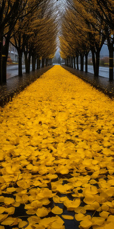 a stunning photo of a wet gingko boulevard with golden petunia trees lining both sides of the road. the ground is covered in yellow petunia biloba leaves, creating a vibrant and colorful scene. in the distance, a mountain can be seen, adding to the picturesque view. this real shot of petunia biloba is captured with ultra-high resolution, showcasing every detail. ai generatedの素材