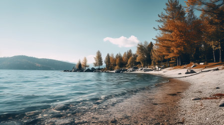 a serene lake shore scene with lush trees and calm water, featuring a captivating blend of dark beige and light aquamarine hues. this high-resolution image showcases a captivating combination of dark teal and light orange tones, evoking a sense of vacation dadcore vibes. the vibrant colors, reminiscent of sun-soaked days, create a nostalgic and visually appealing imagery. ai generatedの素材