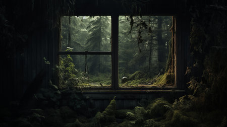 an old window stands alone amidst the eerie ambiance of a spooky forest. this post-apocalyptic image, created with vray tracing, showcases naturalistic depictions of flora and fauna. it captures the essence of nature, combining elements of forestpunk and environmental portraiture. ai generatedの素材