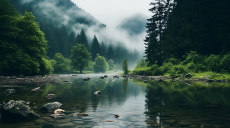 a lake nestled amidst a forest, adorned with rocks and trees, captures the essence of hazy romanticism. this uhd image by mark lovett showcases the spectacular backdrop of the swiss-style landscape. the misty atmosphere adds to the allure, creating a dark emerald ambiance. ai generatedの素材