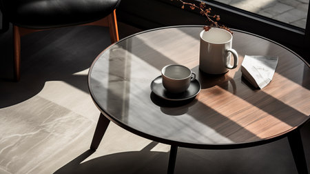 a coffee table with a tabletop and chairs, showcasing a stark contrast of light and shadow. captured with the tokina at-x 11-16mm f/2.8 pro dx ii lens, this high-quality photo highlights the calm and serene beauty of the living materials. the light black and brown tones add a touch of elegance, while the subtle details enhance the overall aesthetic. ai generatedの素材