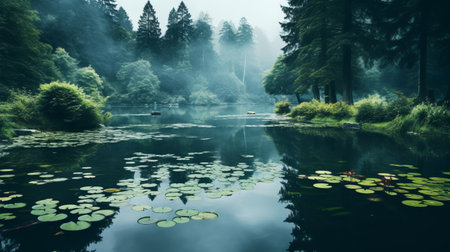 a misty and dreamy 8k resolution photograph by leszek bujnowski capturing a serene lake nestled within a forest. the tranquil atmosphere is enhanced by the presence of lily pads, creating an intricate and enchanting landscape. this environmental portraiture showcases the beauty of nature, offering a glimpse into the peaceful and atmospheric world of tranquil gardenscapes. ai generatedの素材