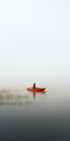 a red boat peacefully floats on a foggy lake, captured in a minimalistic portrait style. the light gray and orange tones create a monochromatic and serene atmosphere. this uhd image showcases the pensive stillness and zen minimalism of rural life depictions. ai generatedの素材
