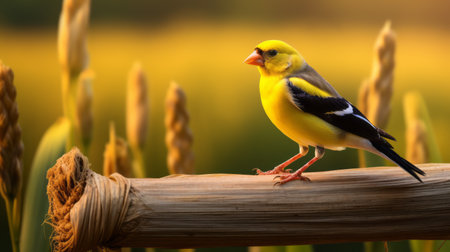 a goldfinch perched on a fence post, overlooking a vibrant cornfield on a farm. the bird appears joyful, radiating happiness as it poses for the camera. the warm tones of the photograph enhance the overall beauty of the scene. ai generatedの素材