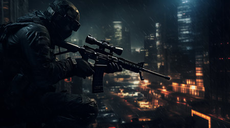 a sniper stands on dark city streets, gripping a gun tightly. the scene is reminiscent of inclement weather, with a nightscape backdrop. the image showcases layered mesh and bokeh panorama effects, resulting in a realistic and hyper-detailed rendering. this photo captures the essence of bunnycore aesthetics. ai generatedの素材
