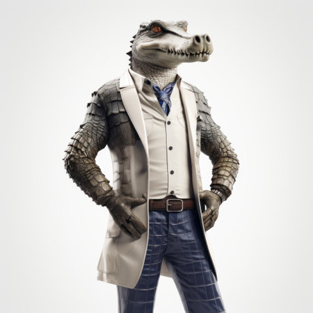 an alligator in a suit, portrayed against a white background, exudes a captivating blend of sci-fi spectacle and historical reproductions. the image showcases explosive pigmentation, sharp contrasts, and a grid-like composition, resulting in a visually striking and precise depiction. ai generatedの素材