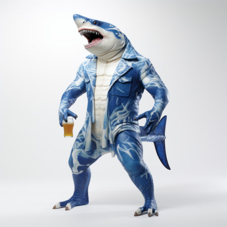 a shark man wearing a vibrant yellow and blue costume, reminiscent of todd mcfarlane's style, is captured in this detailed wildlife photograph. the figure holds a beer, adding a playful touch to the image. the color palette combines dark white and light indigo, creating a visually striking contrast. the shark man's toy-like proportions add a whimsical element to the composition. shot on ferrania p30 film,の素材