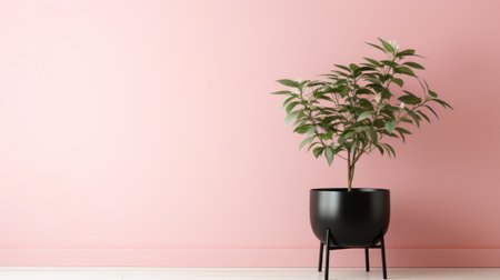a green plant in a pot sits against a pink wall, showcasing a monochromatic color scheme in the style of daz3d. the japanese minimalism and pastel color scheme create a vibrant stage backdrop reminiscent of the 1970s to the present. ai generatedの素材