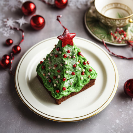 a photo of a green icing in the shape of a tree, with a dark brown and red color scheme. the image has a selective focus and is taken from a tabletop perspective. the overall style is classic and ambitious, with a combination of light gray and green tones. this photo was commissioned for a specific purpose. ai generatedの素材