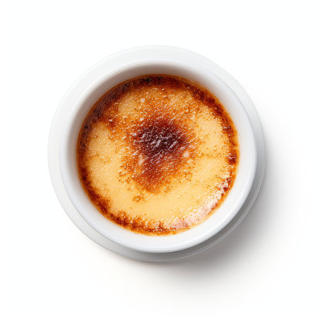 a bowl of creme caramel, captured in the unique style of martin stranka, showcases pointillist optical mixing and aerial photography techniques. the image draws inspiration from eugne boudin's work, with a subtle play of light and shadow. the dessert appears slightly burned and charred, reminiscent of arnoldo pomodoro's artistic approach. ai generatedの素材