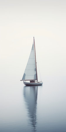 a sail boat gracefully glides through the calm waters on a foggy day, surrounded by a soft and dreamy atmosphere. the light sky-blue and light gray hues create a mesmerizing optical illusion, enhanced by the juxtaposition of hard and soft lines. the luminous shadowing adds depth to the scene, while the light white and white tones evoke a sense of tranquility. ai generatedの素材