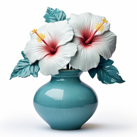 blue vase filled with tropical symbolism flowers in light white and light maroon. the vibrant arrangement stands out against a white background, creating a captivating contrast. this associated press photo, captured in 3d, showcases the art of collecting and modes of display. the light teal and light white hues add a touch of elegance to the composition. ai generatedの素材