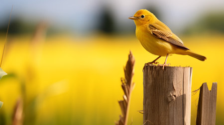 a yellow bird perches on a wooden post amidst lush grass, showcasing the precisionism influence in its composition. the image captures cultural symbolism with its vibrant colors and the use of a c-mount lens adds an innovative touch. the monochromatic mastery enhances the palewave aesthetic, while the unpolished authenticity of the scene adds to its overall charm. ai generatedの素材
