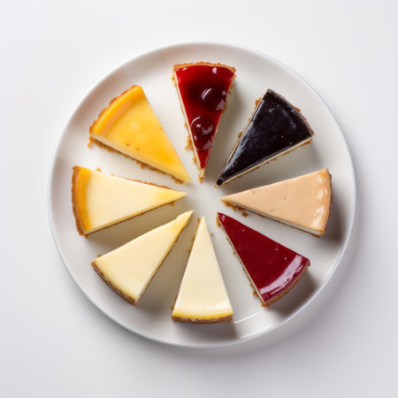 multiple slices of cake in rainbow colors, reminiscent of george digalakis' style, are showcased in this photograph. the cakes feature a striking combination of dark crimson and light beige hues, illuminated by high-key lighting. created with cheese, these delectable treats evoke the artistic touch of jesper ejsing. the image is captured using a c-mount lens, highlighting the contrasting tones of dark blue and white. aiの素材