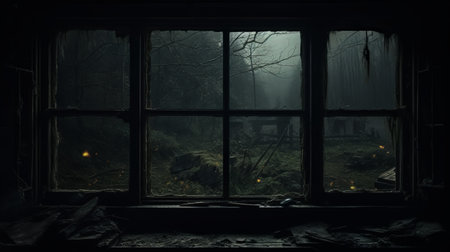 zombie scene in s1e21 haunted house by joseph dawson. dark world wallpaper for desktop featuring atmospheric woodland imagery and poetic compositions. captured with ricoh gr iii and nikon d750, this photo showcases a hauntingly beautiful combination of dark amber and gray tones. perfect for nature morte enthusiasts and fans of windows vista. ai generatedの素材