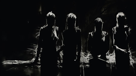 four silhouetted individuals wearing monochrome ink-style clothing stand against a backdrop of realistic chiaroscuro lighting. the experimental soundscapes surround them as they showcase their wire-made visual kei accessories. their expressive and gestural marks add a touch of fluidity, resembling liquid metal. ai generatedの素材