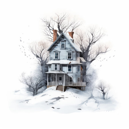 winter house surrounded by snow-covered trees, featuring two macabre-style illustrations. the realistic and detailed rendering showcases tangled nests and intricate foliage. inspired by the works of esao andrews, the image captures trapped emotions and depicts decay and decayed elements. ai generatedの素材