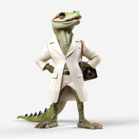 a dinosaur king, dressed in a white and green suit, elegantly walks with its luggage. this daz3d creation combines elements of beatrix potter's whimsy and raphaelle peale's artistry. with understated sophistication and a touch of classic academia, this image belongs to the incisioni series. ai generatedの素材