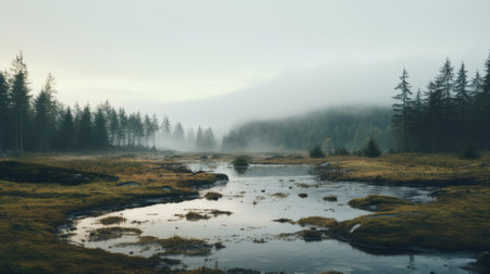 a serene stream flows through the misty mountains of rain, creating a hazy and atmospheric woodland scene. this norwegian nature photograph captures the beauty of the landscape, showcasing the terragen-like elements. the image evokes a sense of environmental activism and also hints at post-apocalyptic imagery, making it a captivating and thought-provoking visual. ai generatedの素材