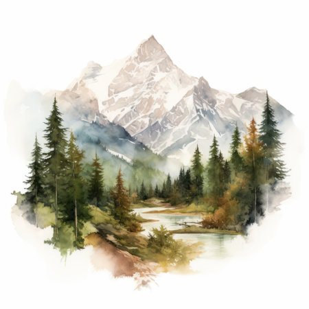 this photo showcases a stunning watercolor painting of alpine mountains and a wilderness valley in the style of a dreamlike illustration. the artwork, created by willem haenraets, features highly realistic and detailed compositions with a color palette dominated by dark green and beige tones. the painting captures the beauty of nature in a captivating and artistic way. ai generatedの素材