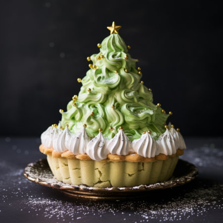 a green christmas dessert sits elegantly on a plate, showcasing the artistic style of tokina at-x 11-16mm f28 pro dx ii, elke vogelsang, junko mizuno, and layered mesh. the vibrant colors of light gold and yellow add a touch of warmth to the scene, captured beautifully by pierre-mony chan. ai generatedの素材