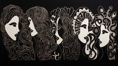 a sculpture featuring a collection of female faces intricately crafted on a black board. the artwork showcases a fusion of calligraphic lines, art nouveau-inspired illustrations, paper cut-outs, large canvas paintings, chicano art, blink-and-you-miss-it detail, and lively group compositions. ai generatedの素材