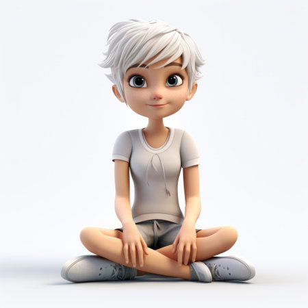 a 3d model of a young woman sitting in a pose, exuding a cartoonish innocence with a zen-inspired, child-like demeanor. the light white and gray tones enhance the strong facial expression, while vibrant cartoonish elements add a touch of playfulness. the image is created using focus stacking techniques for maximum clarity. ai generatedの素材
